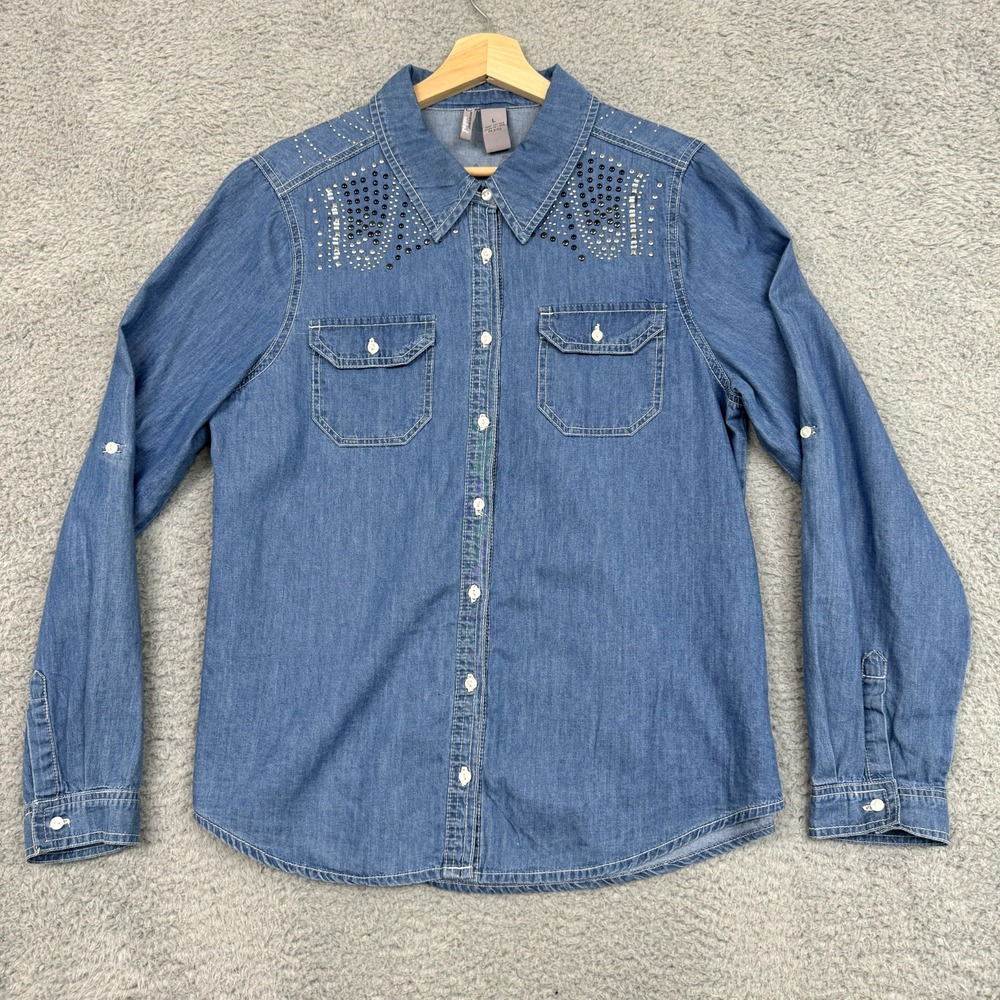 New Directions Shirt Women L Blue Embellished Trashy Y2K Bimbo My Space McBling‎